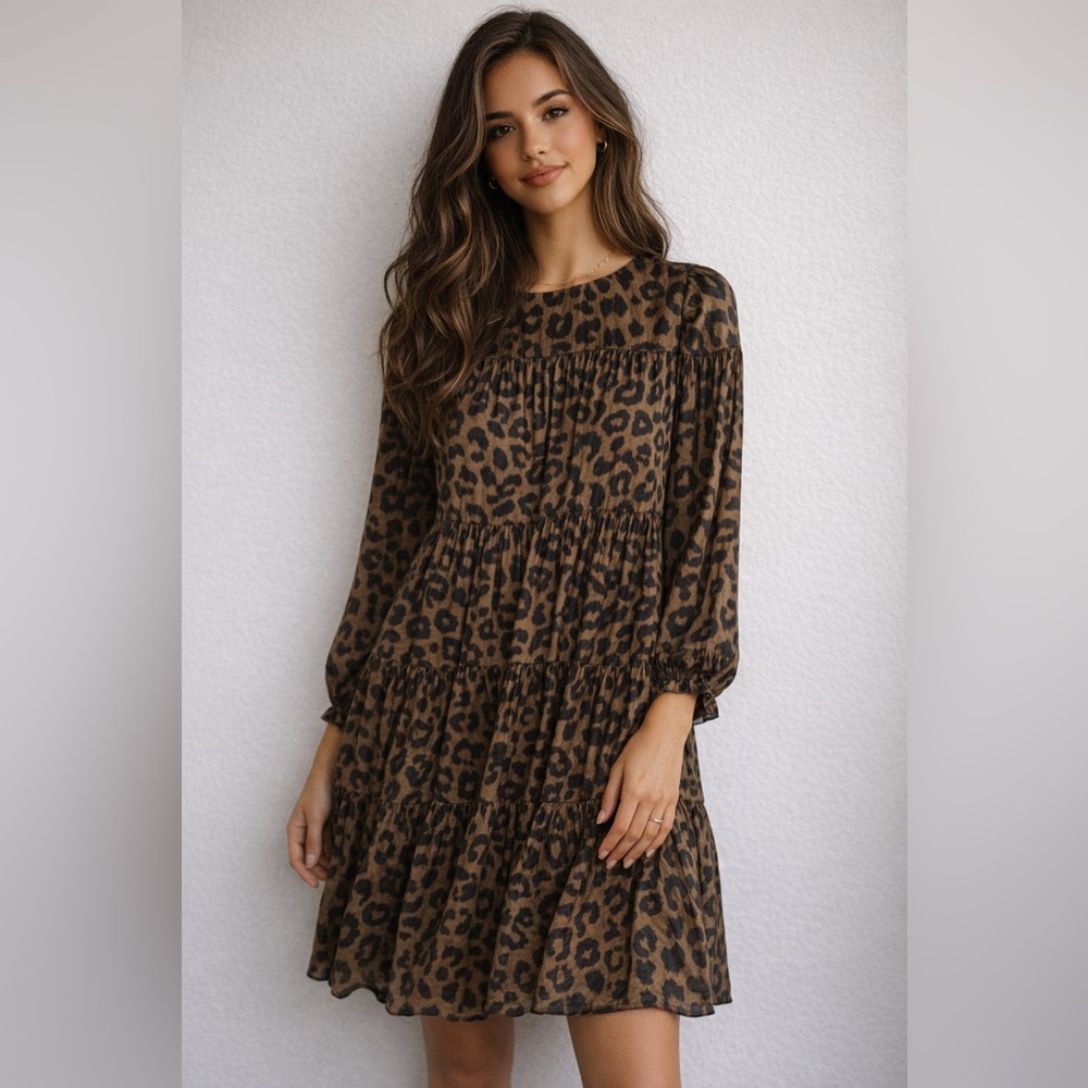 Banana Republic Leopard Print Tiered Dress | Sheer Long Sleeve | Size XS - Picture 1 of 4